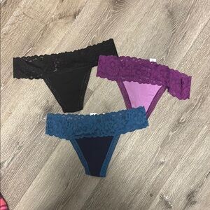 Adore Me Lace Trim Thong Set - Black, Purple, Blue NWT